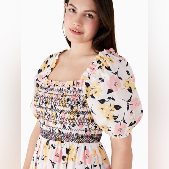 Kate Spade New York Lily Blooms Smocked Multi Floral Pastel Midi Dress - Picture 12 of 15